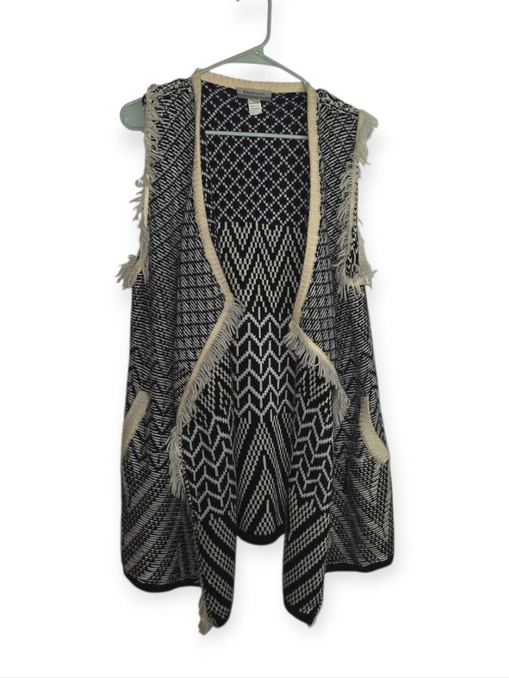 World Market Navy Cream Fringe Vest Cardigan One Size - Picture 2 of 5